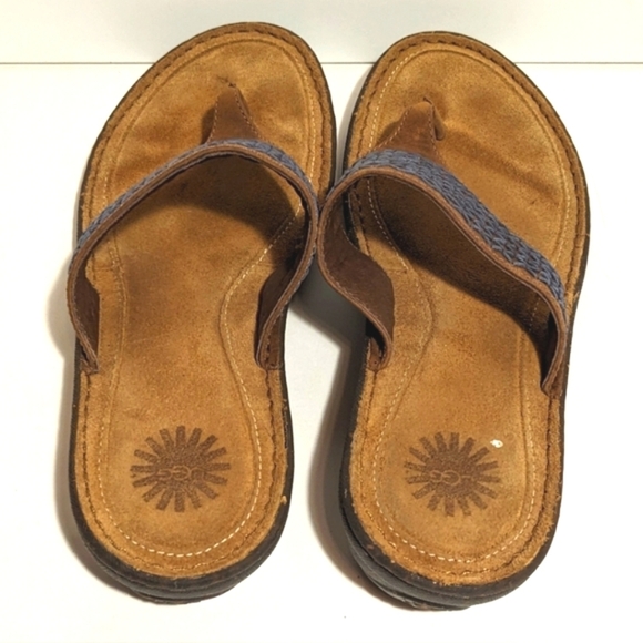 UGG Mahala 5105 Leather Suede Sandal Flip Flops Blue Tan Thong Size 9 - Picture 4 of 8
